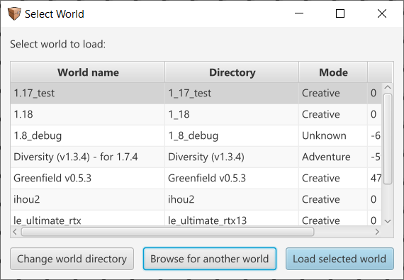 'Select World' dialog box